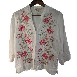 Norm Thompson white 100% linen embroidered pink floral v neck top sz S Petite